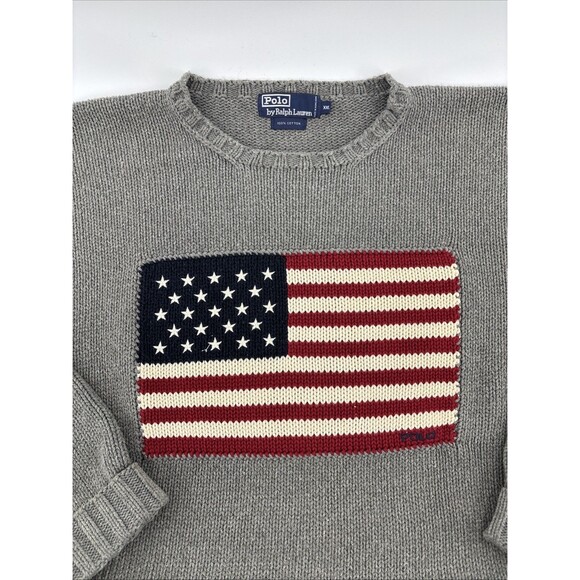 Polo Ralph Lauren Other - Vintage 90s Polo Ralph Lauren USA Flag Heavy Cotton Knit Sweater Grey Rare RL